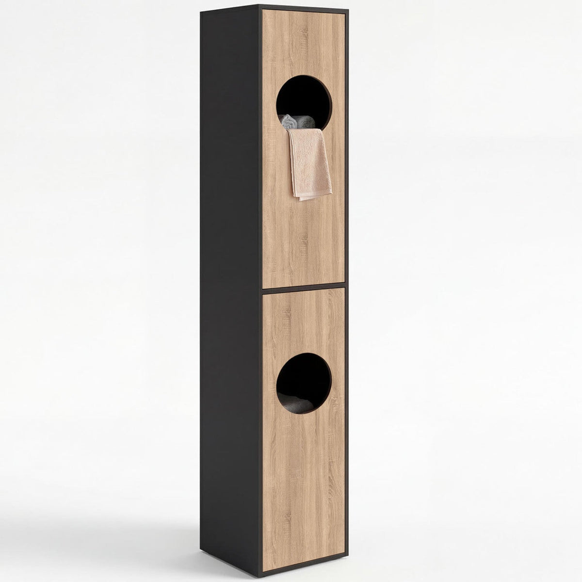 Armoire à linge buanderie, colonne de salle de bain WALLIS noir et décor hêtre