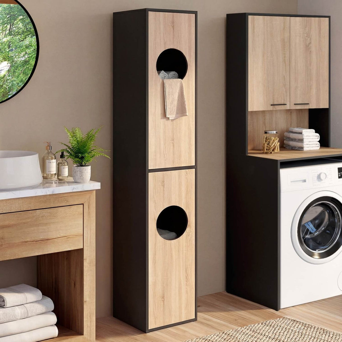 Armoire à linge buanderie, colonne de salle de bain WALLIS noir et décor hêtre