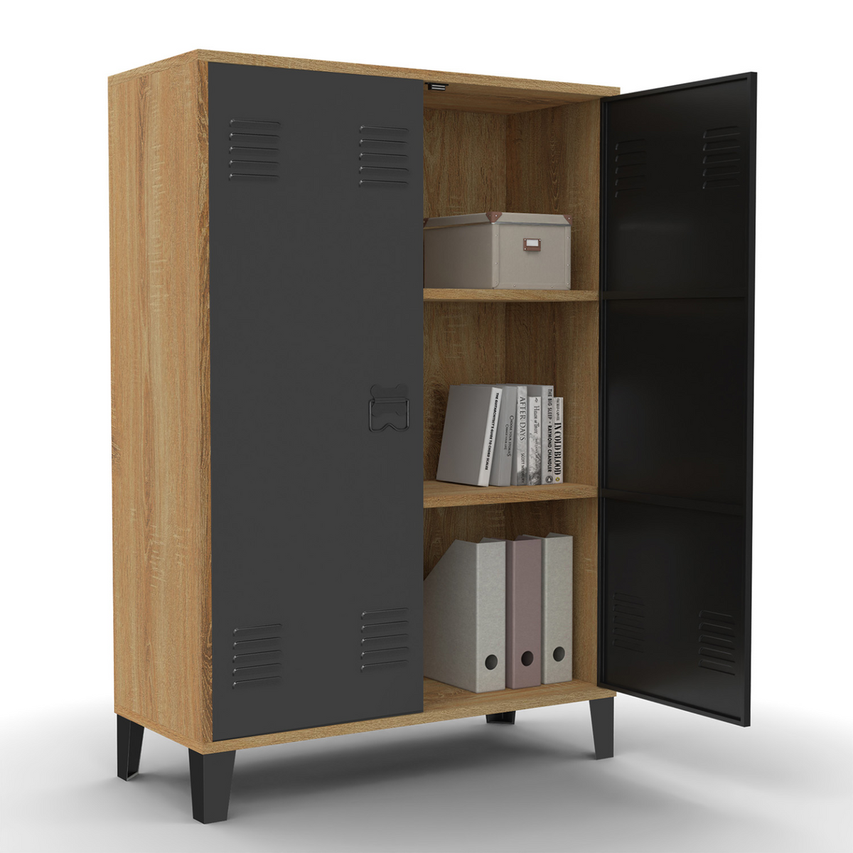 Meuble bas ESTER 2 portes métal noir et contour bois design industriel