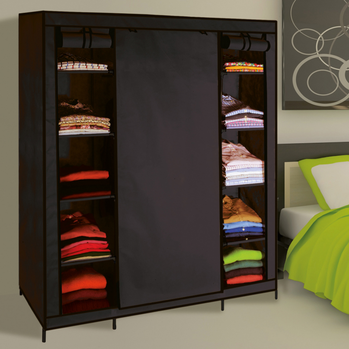 Armoire de rangement pliable en tissu noir pour vêtements, dressing XXL