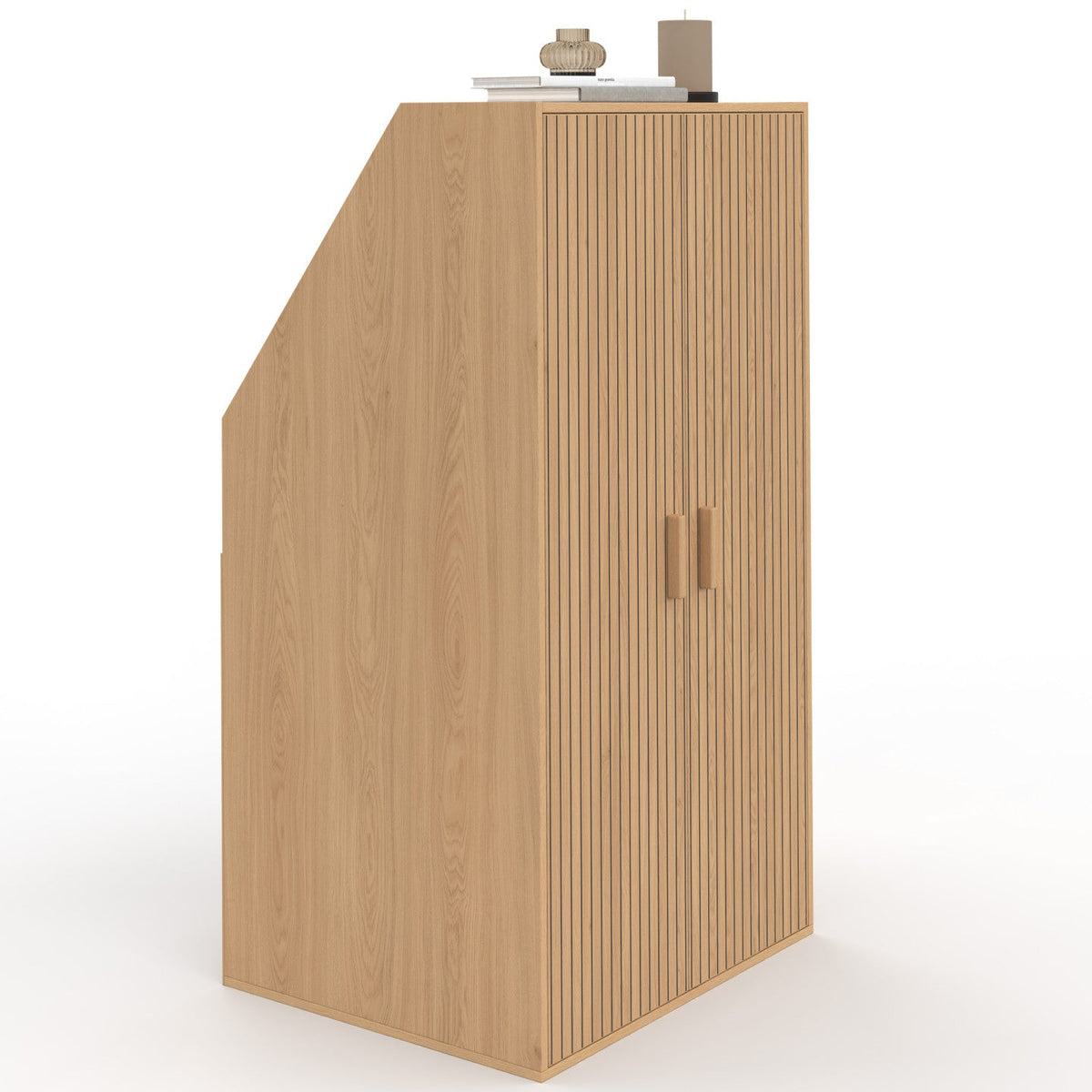 Armoire sous pente 2 portes JULIETTE 60 x 50 x 70/110 cm effet lattes tasseaux bois coloris chêne