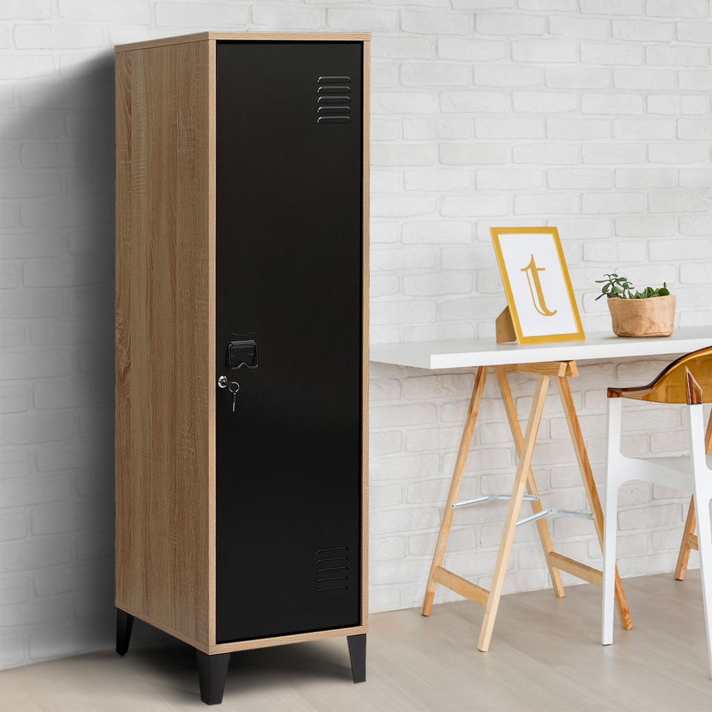 Armoire vestiaire ESTER 1 porte en métal noir et contour bois design industriel