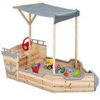 Bac à sable WORLD en bois bateau pirate avec banc, coffre et toit gris