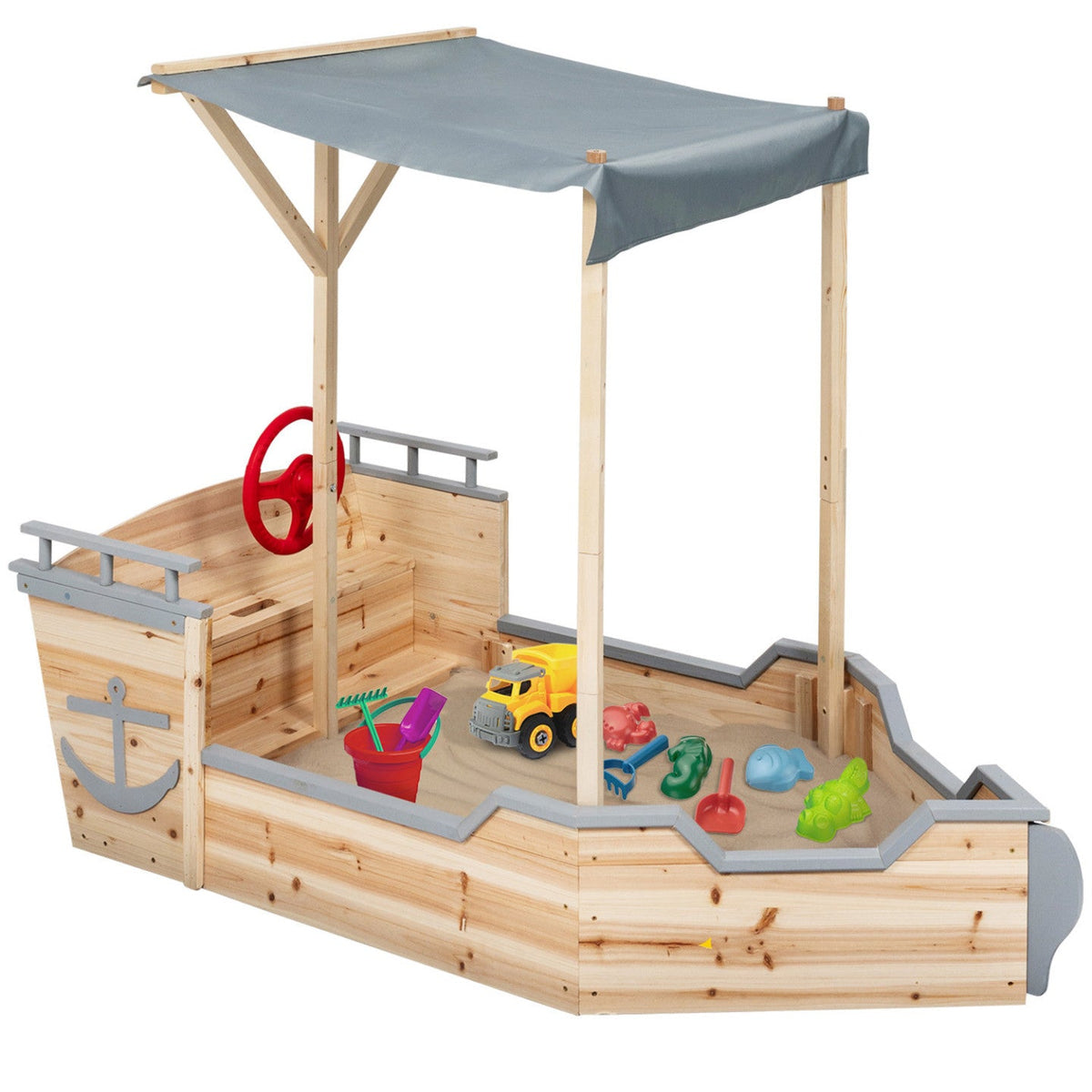 Bac à sable WORLD en bois bateau pirate avec banc, coffre et toit gris