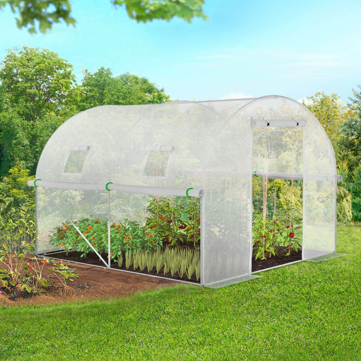 Bâche de rechange pour serre de jardin tunnel 6 m² 3 x 2 x 2 m anti-UV avec porte et fenêtres ROMA blanche toutes saisons
