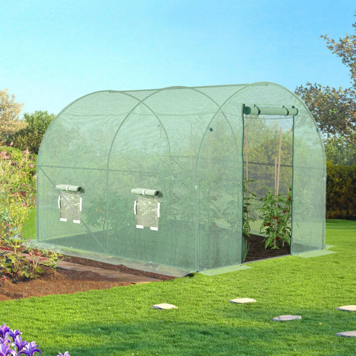 Bâche de rechange pour serre de jardin tunnel 6m² 3 x 2 x 2 m anti-UV avec porte et fenêtres ROMA verte