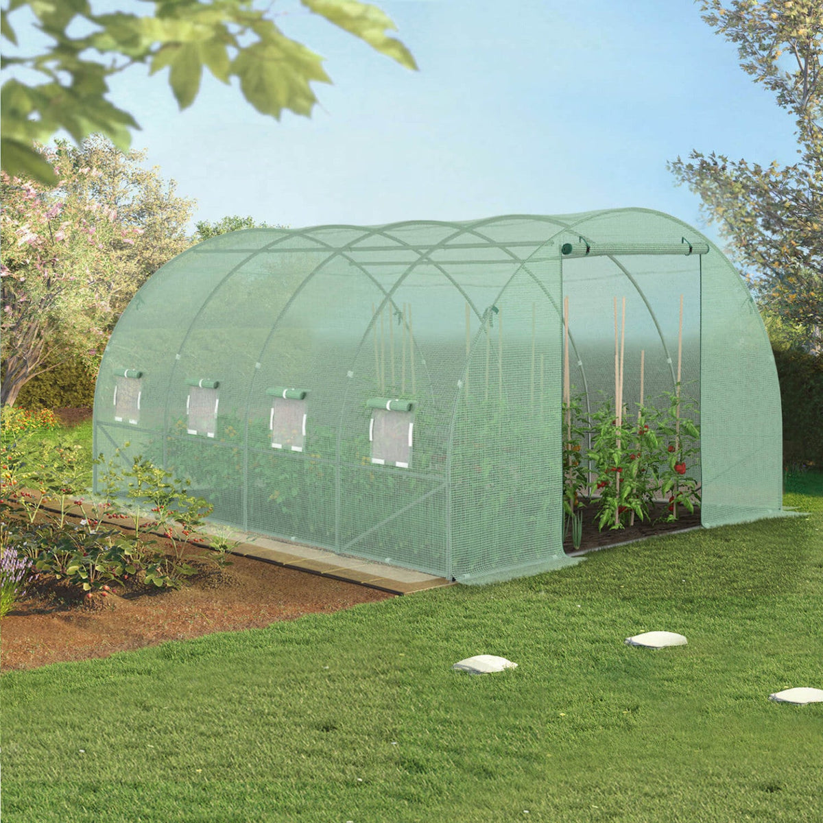 Bâche de rechange pour serre de jardin tunnel 12m² 4 x 3 x 2 m anti-UV avec porte et fenêtres ZEBRA verte
