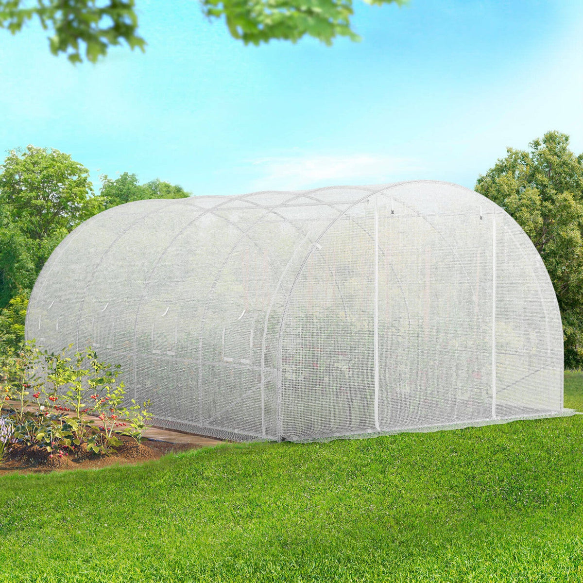 Bâche de rechange pour serre de jardin tunnel 12m² 4 x 3 x 2 m anti-UV avec porte et fenêtres ZEBRA blanche toutes saisons