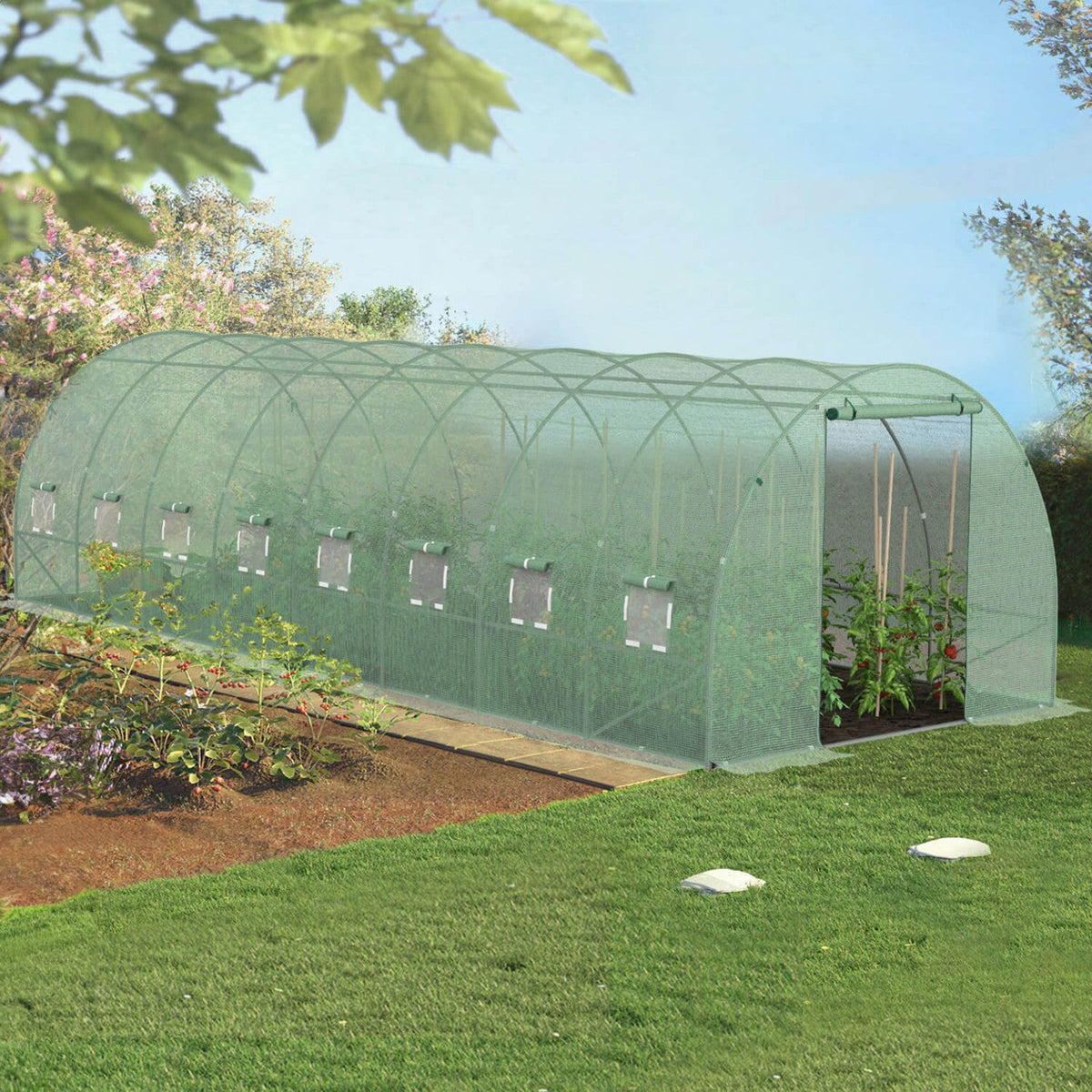 Bâche de rechange pour serre de jardin tunnel 24m² 8 x 3 x 2 m anti-UV avec porte et fenêtres DES ANDES verte