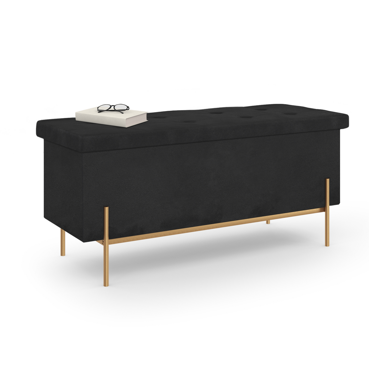 Banc coffre de rangement LOUIS pieds métal doré 100 cm velours noir