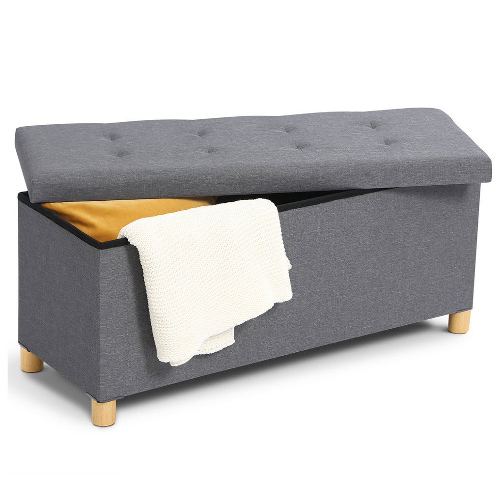 Banc coffre de rangement sur pieds 100 cm en tissu gris anthracite