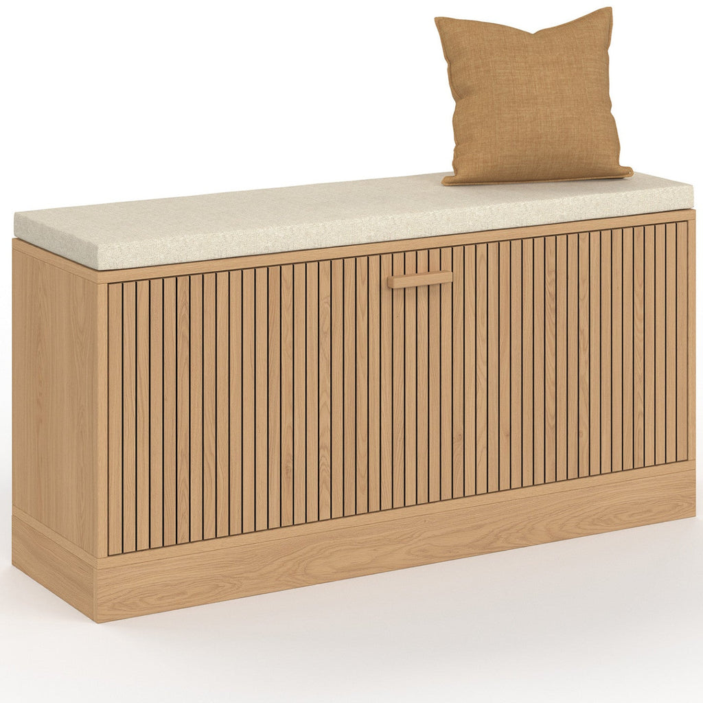 Banc d'entrée à chaussures JULIETTE à lattes en bois coloris chêne
