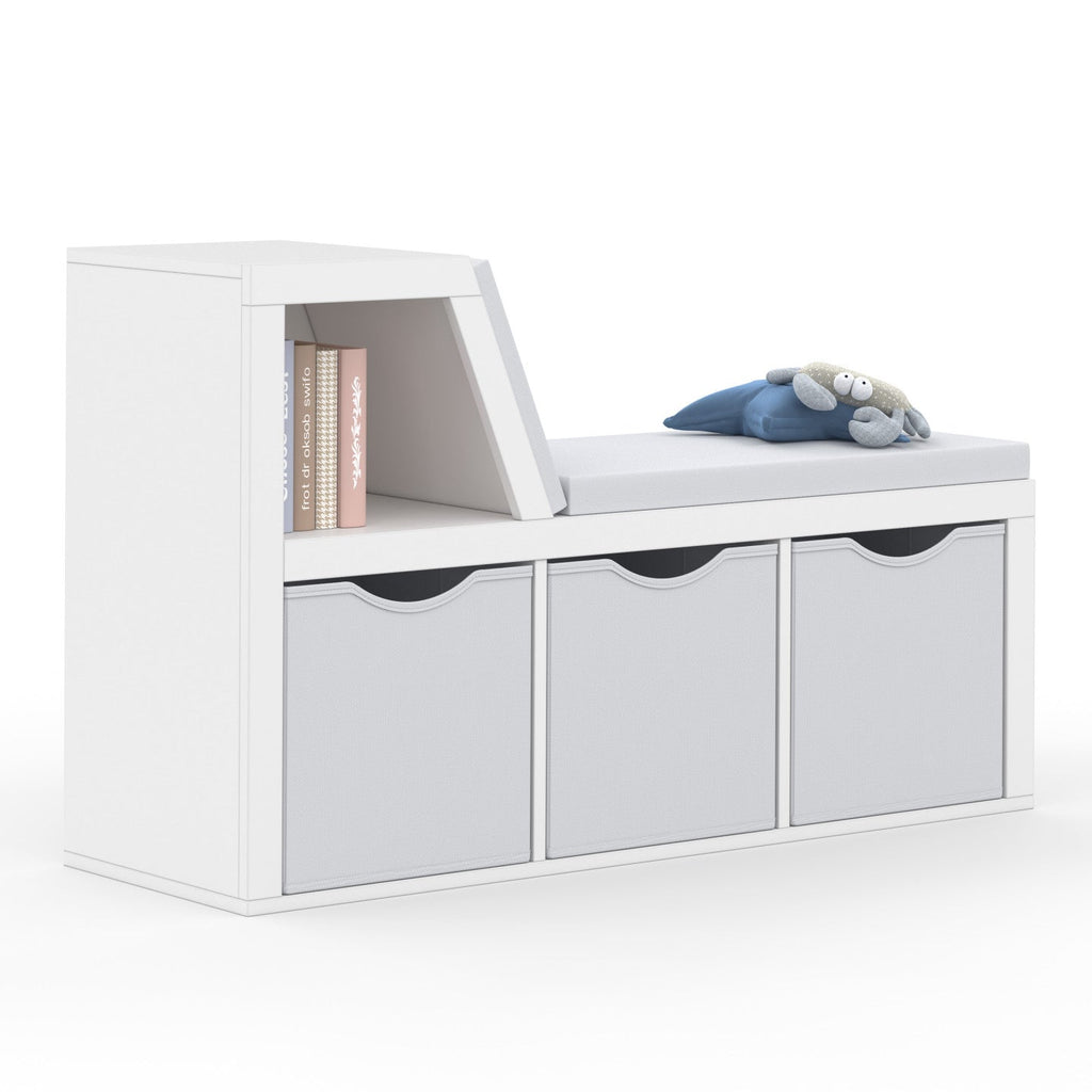 Bibliothèque banc OSCAR 4 cases avec coussins gris et bacs en tissu 102 cm blanc