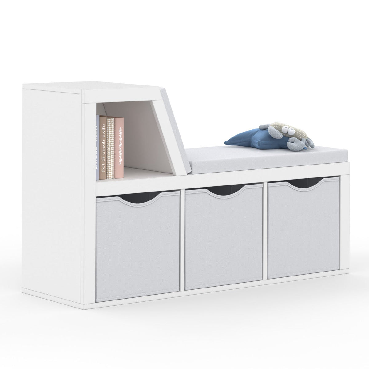Bibliothèque banc OSCAR 4 cases avec coussins gris et bacs en tissu 102 cm blanc