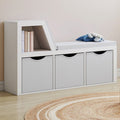 Bibliothèque banc OSCAR 4 cases avec coussins gris et bacs en tissu 102 cm blanc