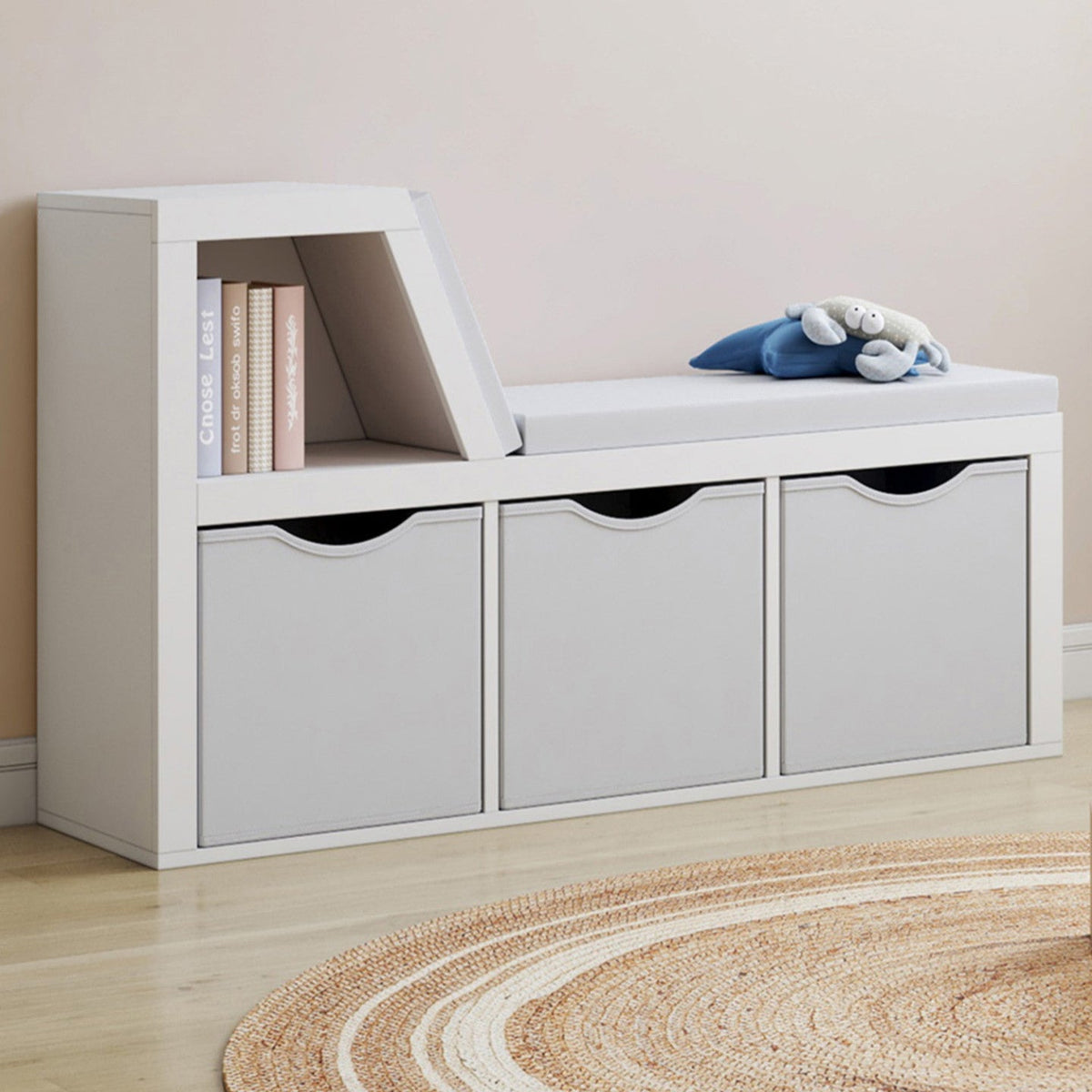 Bibliothèque banc OSCAR 4 cases avec coussins gris et bacs en tissu 102 cm blanc