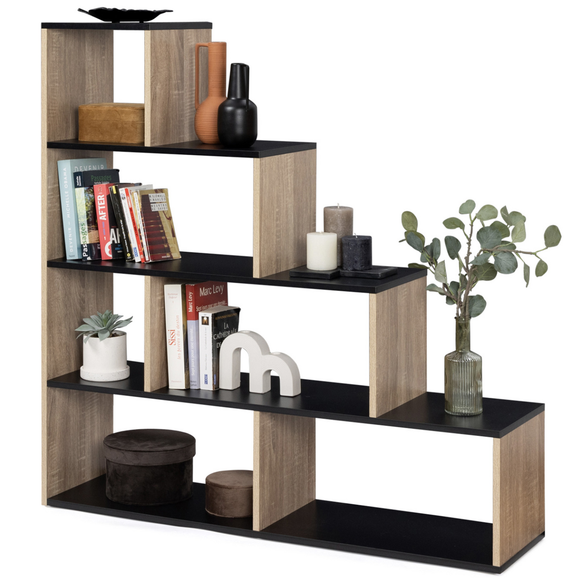 Bibliothèque escalier LINA décor hêtre et noir