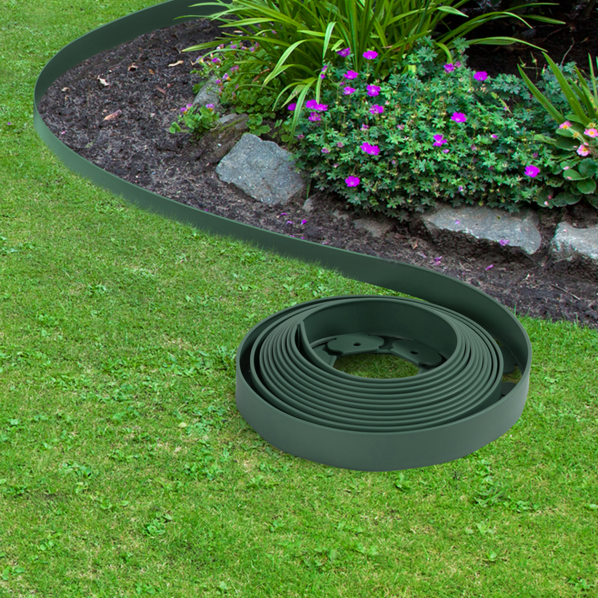 Bordure de jardin flexible 10 m verte, hauteur 5 cm + 30 piquets