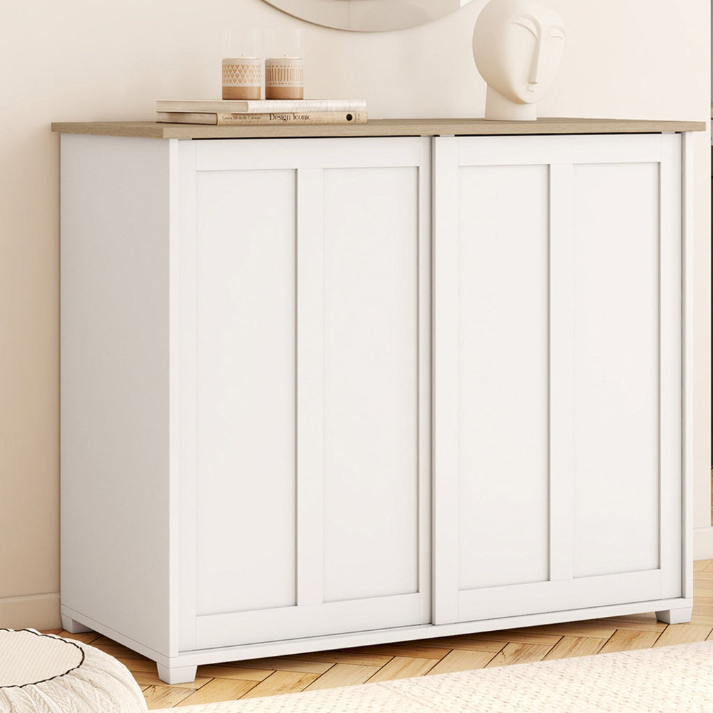 Buffet 100 cm JANGO 2 portes coulissantes blanc et plateau bois