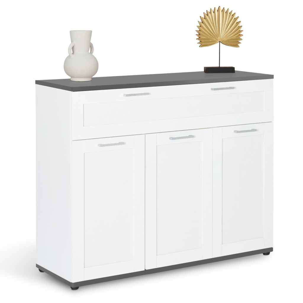 Buffet VITO 100 cm, 3 portes et 1 tiroir, blanc et plateau gris