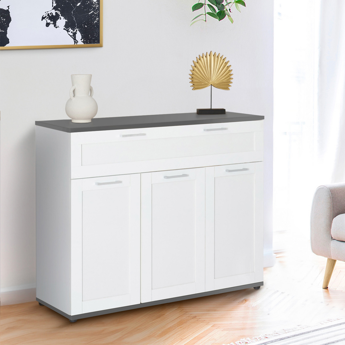 Buffet VITO 100 cm, 3 portes et 1 tiroir, blanc et plateau gris