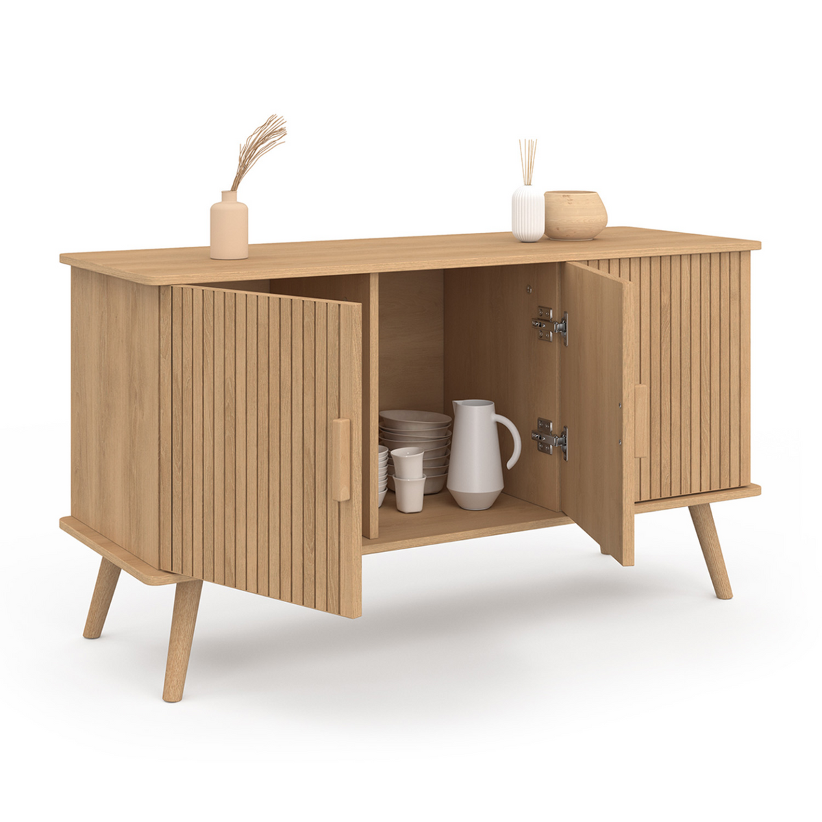 Buffet 110 cm JULIETTE 3 portes à lattes en bois coloris chêne
