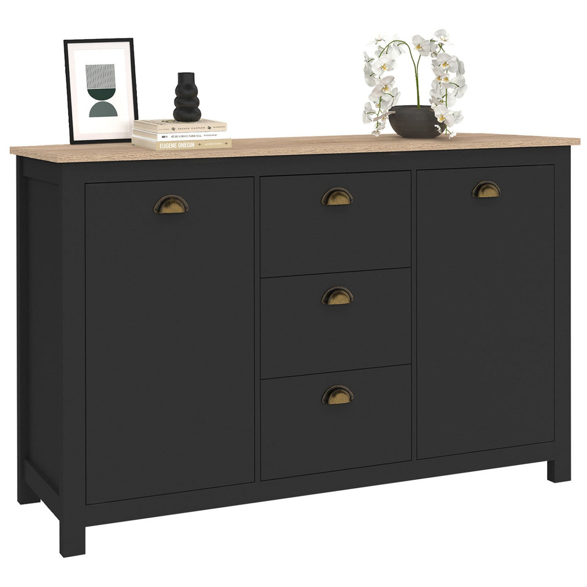 Buffet 130 cm ISIS style campagne 2 portes et 3 tiroirs bois et noir