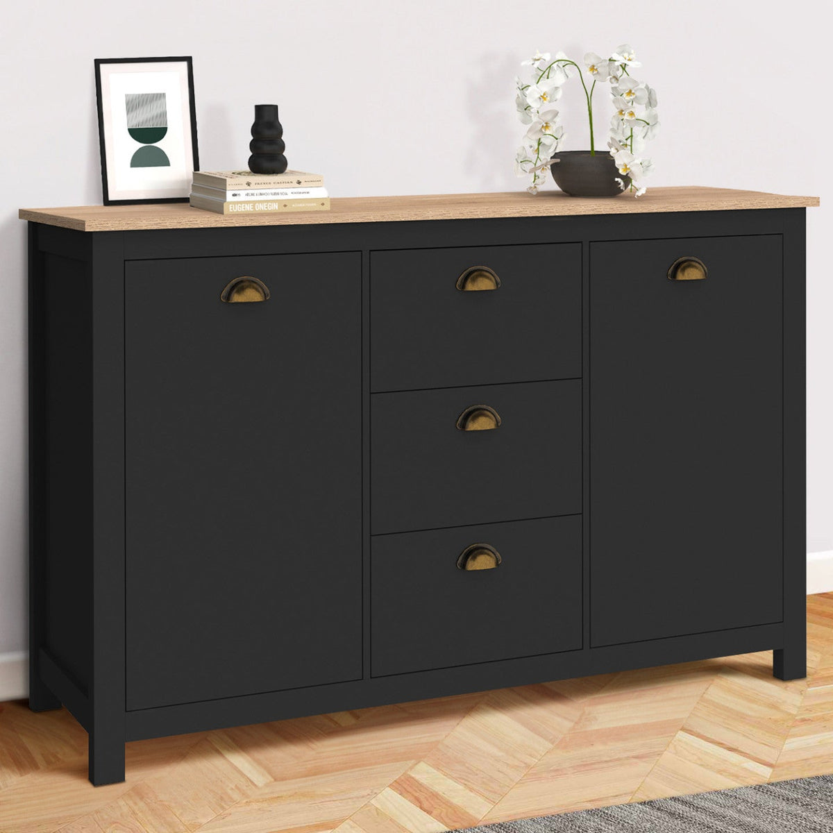 Buffet 130 cm ISIS style campagne 2 portes et 3 tiroirs bois et noir