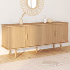Buffet bas 140 cm JULIETTE 4 portes effet lattes tasseaux bois coloris chêne