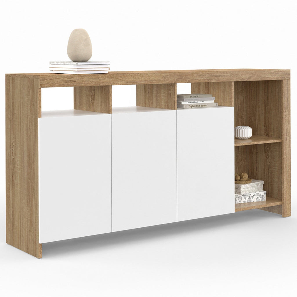 Buffet MALO 140 cm coloris hêtre et portes blanches