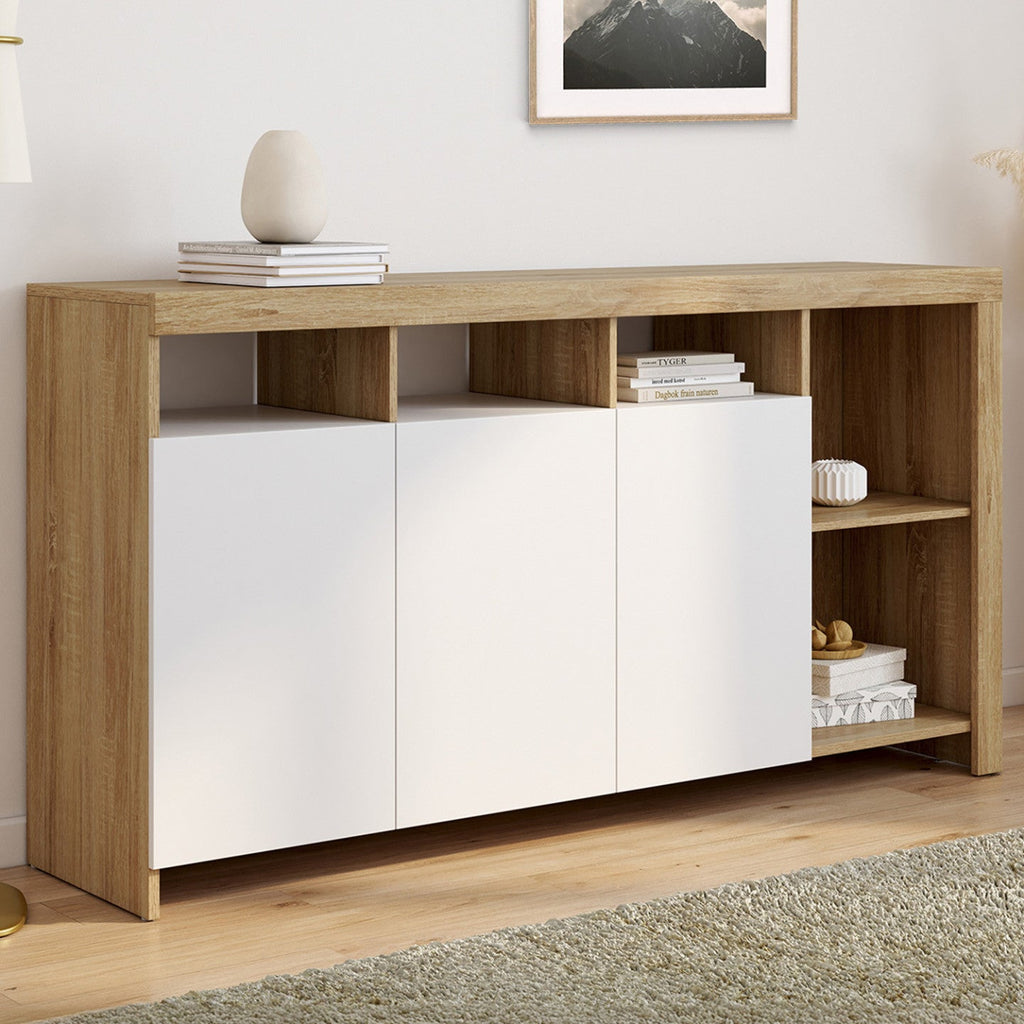 Buffet MALO 140 cm coloris hêtre et portes blanches