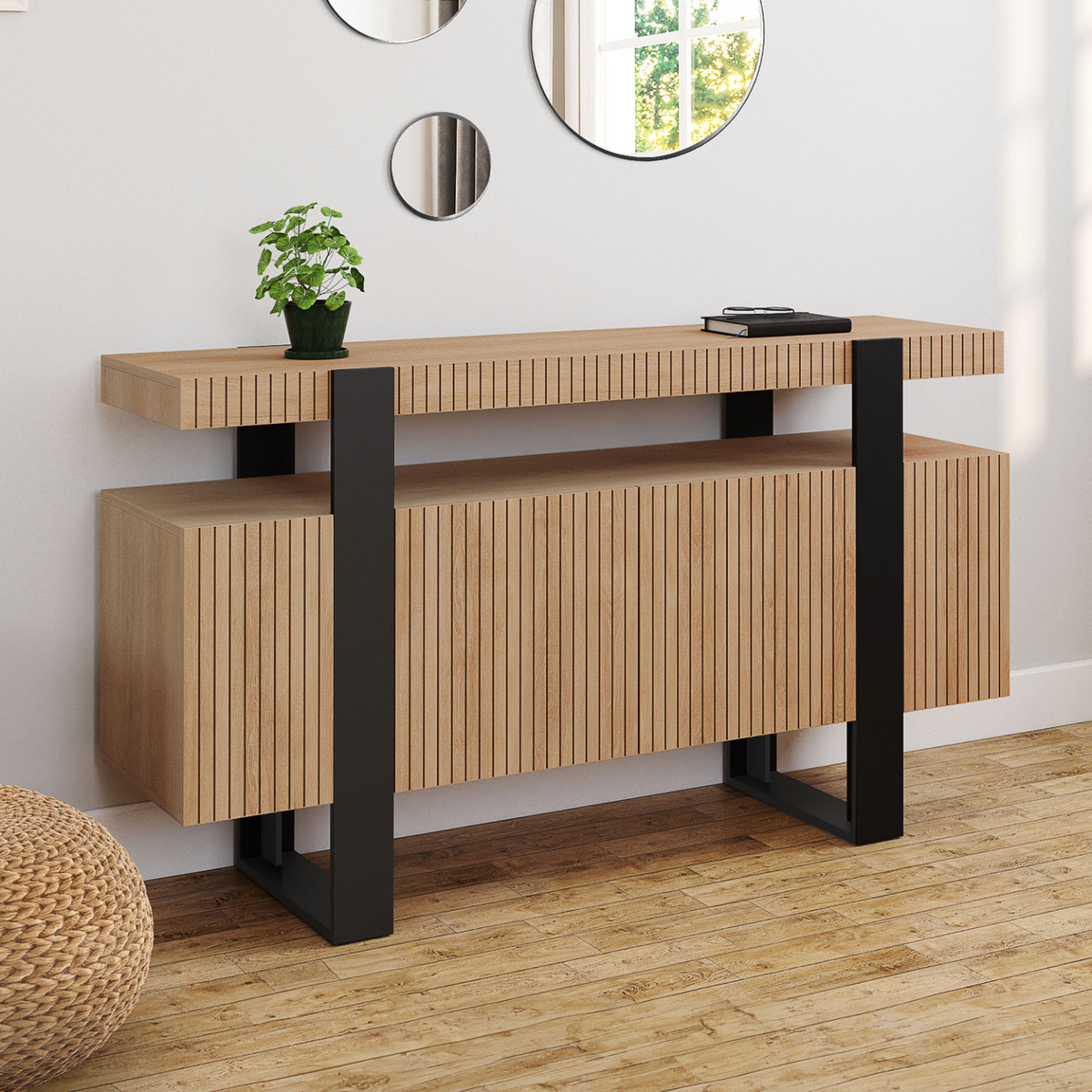 Buffet 140 cm OCTAVE 4 portes à lattes en tasseaux de bois