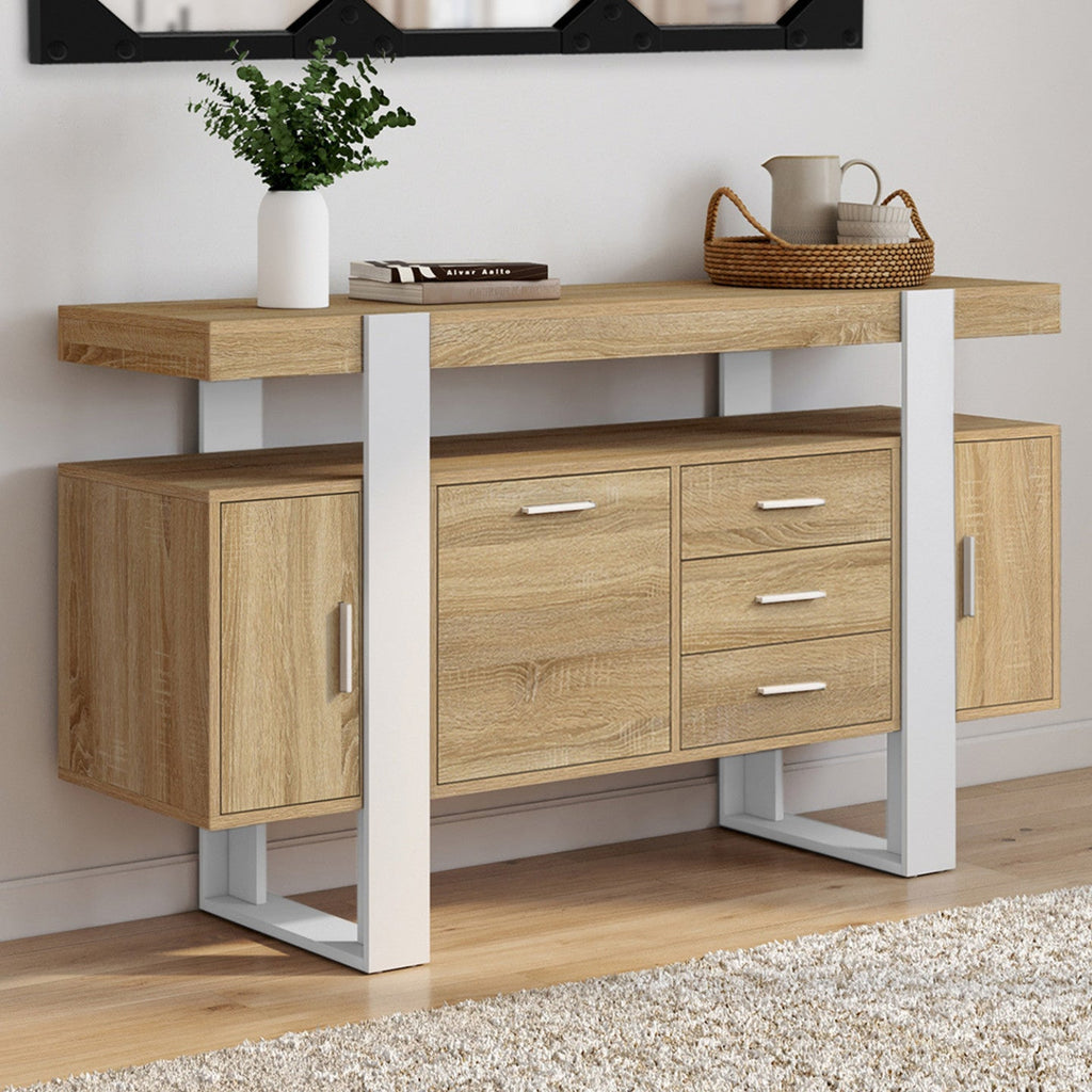 Buffet 140 cm PHOENIX 3 portes et 3 tiroirs bois et blanc