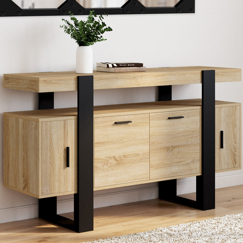 Buffet PHOENIX 140 cm, 4 portes, bois et noir