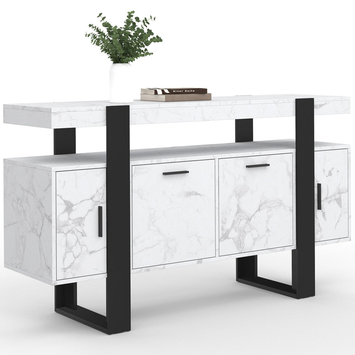 Buffet 140 cm PHOENIX 4 portes effet marbre blanc ALASKA et noir