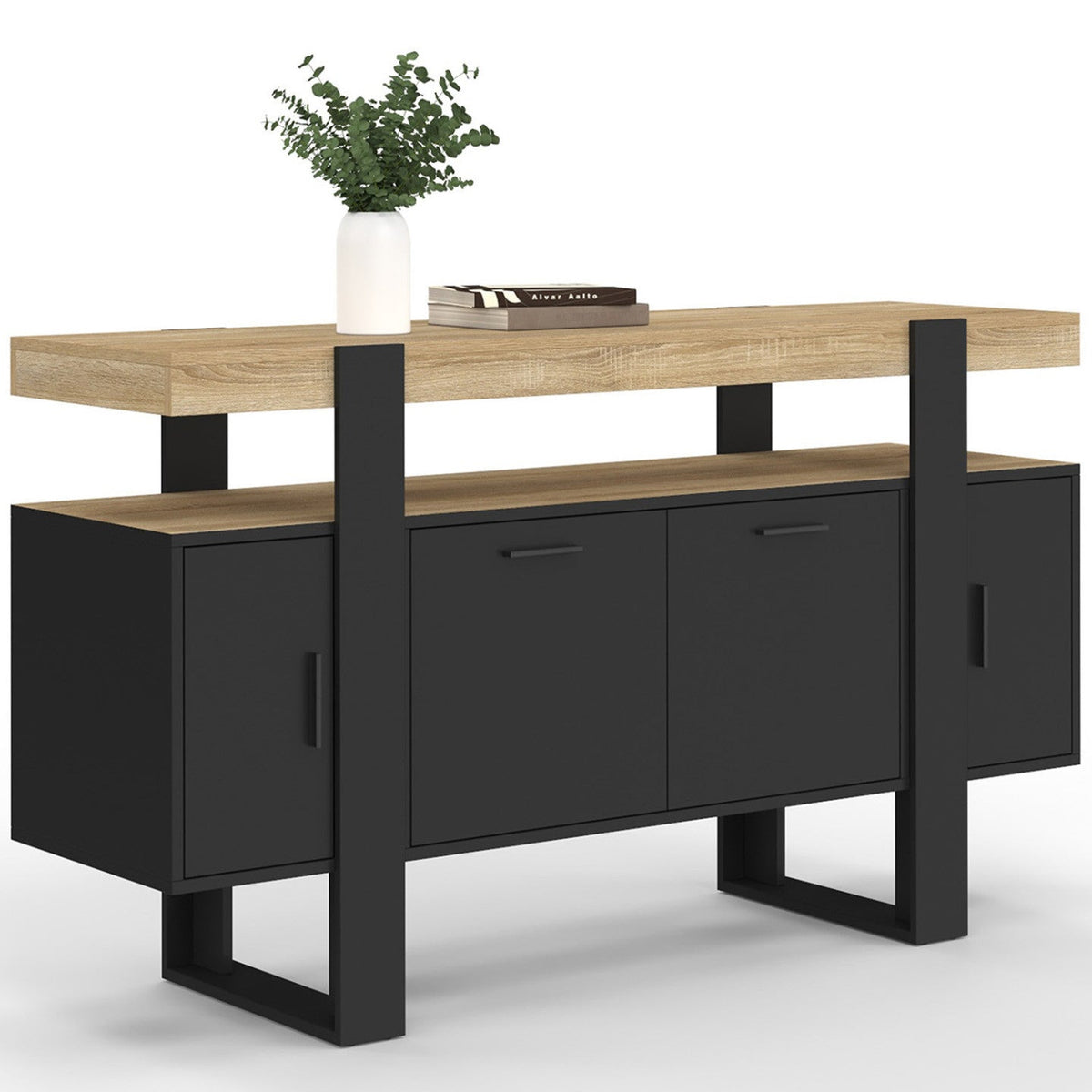Buffet 140 cm PHOENIX 4 portes noir avec plateau bois