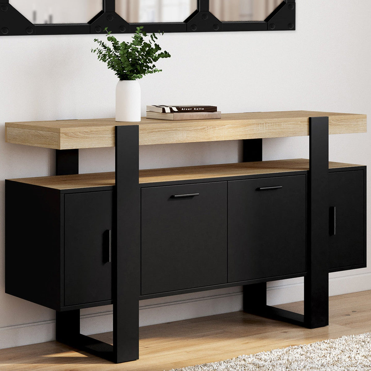 Buffet 140 cm PHOENIX 4 portes noir avec plateau bois