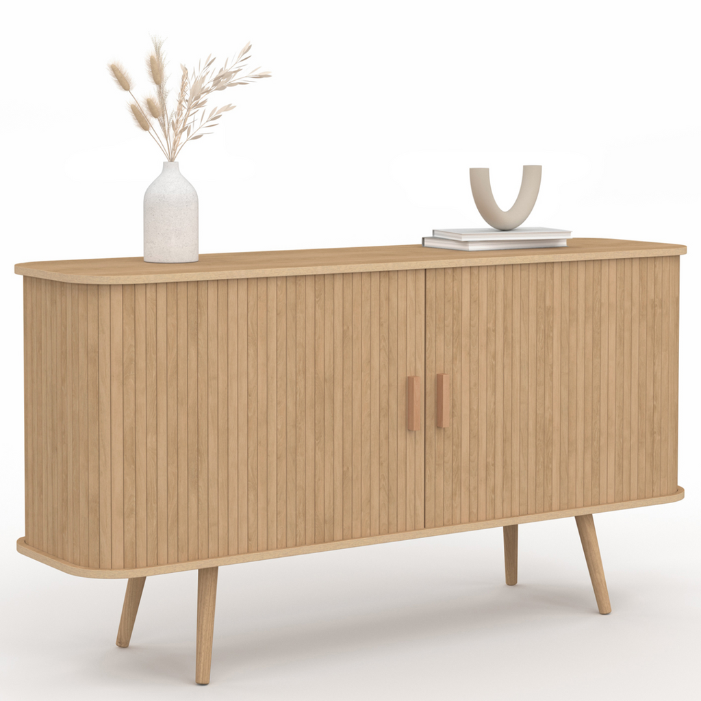 Buffet 140 cm ROMIE, 2 portes coulissantes, lattes en bois, coloris chêne