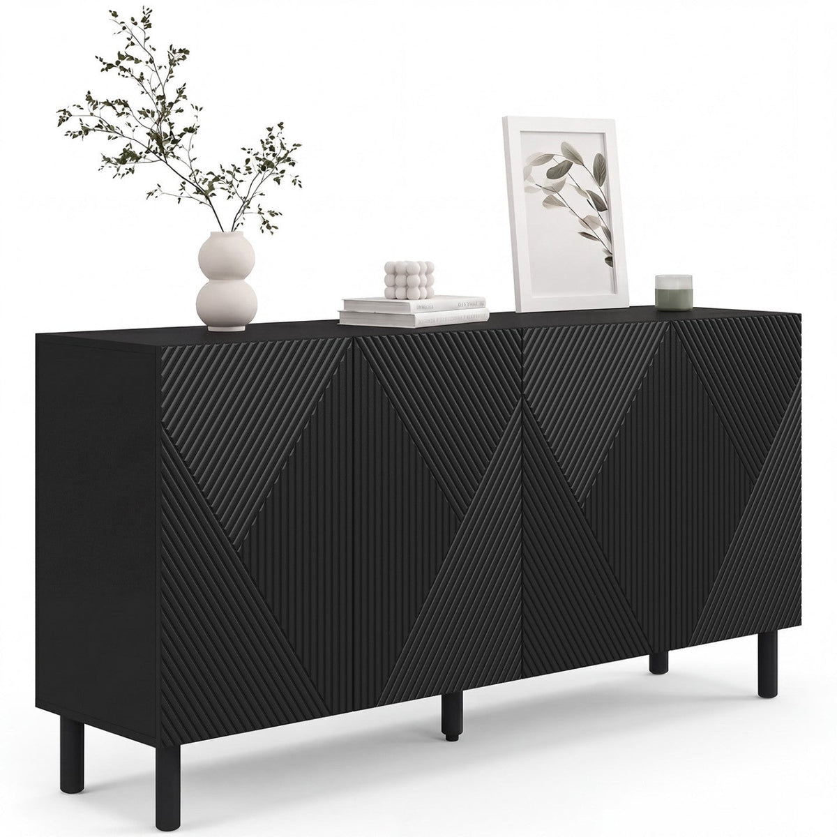 Buffet HIMARA 160 cm, 4 portes à lattes géométriques, bois noir