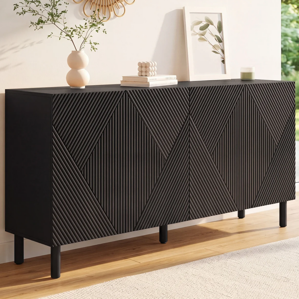 Buffet HIMARA 160 cm, 4 portes à lattes géométriques, bois noir