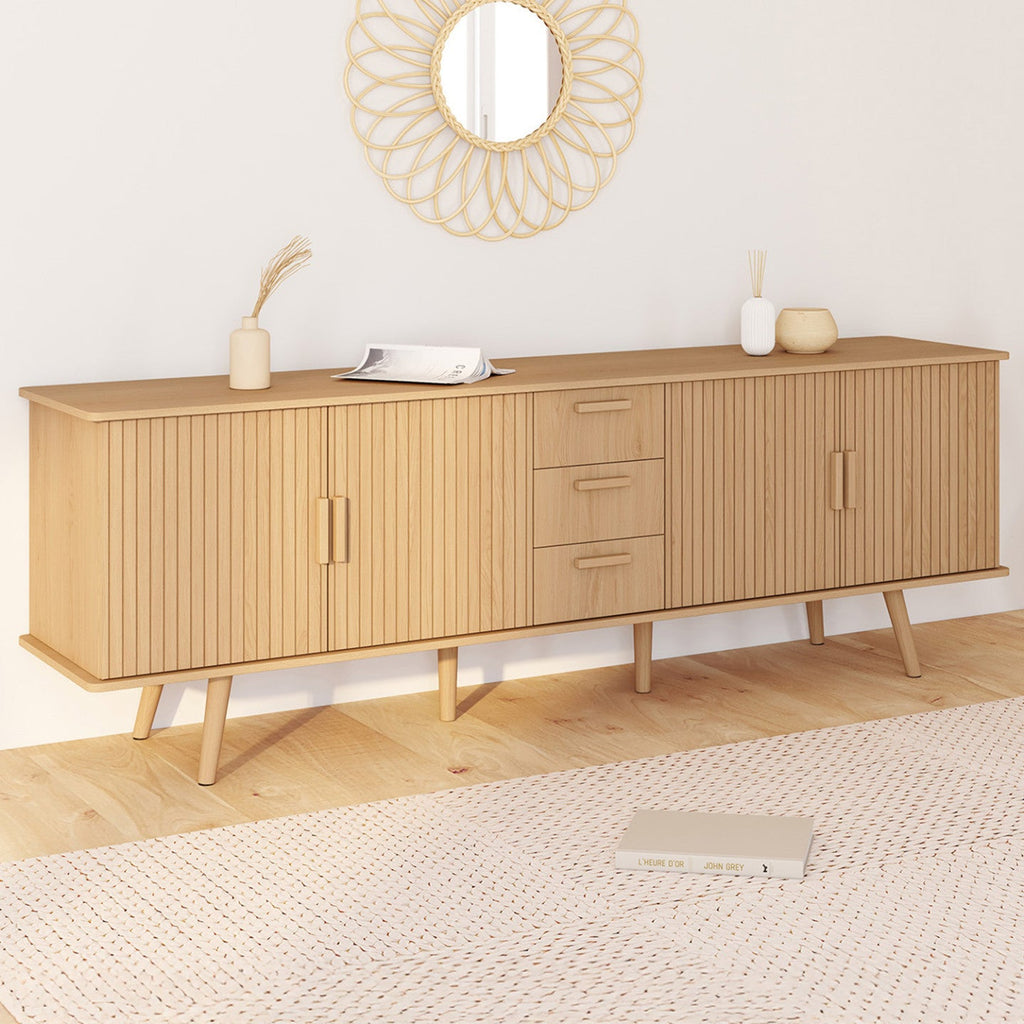 Buffet 180 cm JULIETTE XXL 4 portes et 3 tiroirs effet lattes tasseaux bois