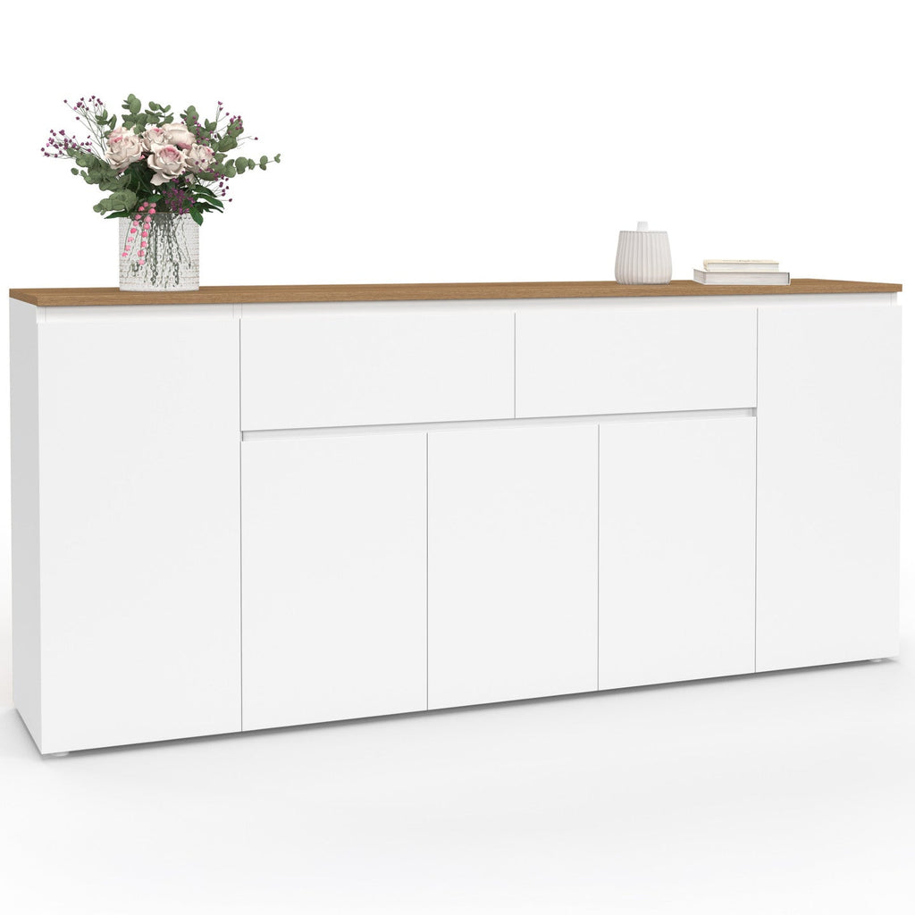 Buffet TOBY 180 cm, 5 portes et 2 tiroirs, blanc et plateau bois