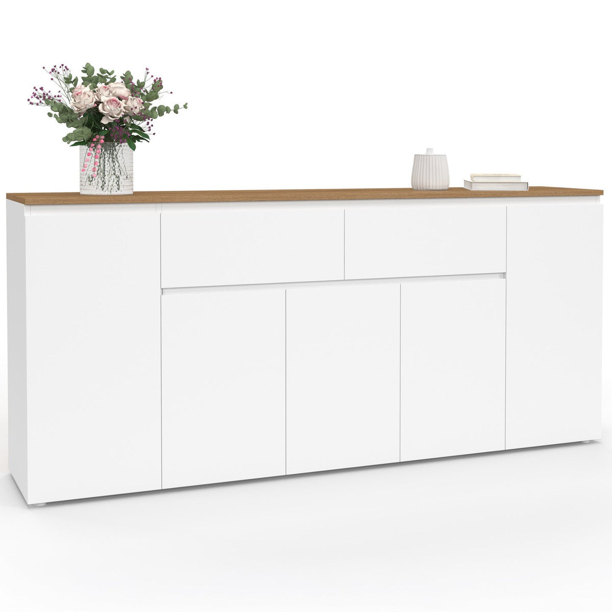 Buffet TOBY 180 cm, 5 portes et 2 tiroirs, blanc et plateau bois