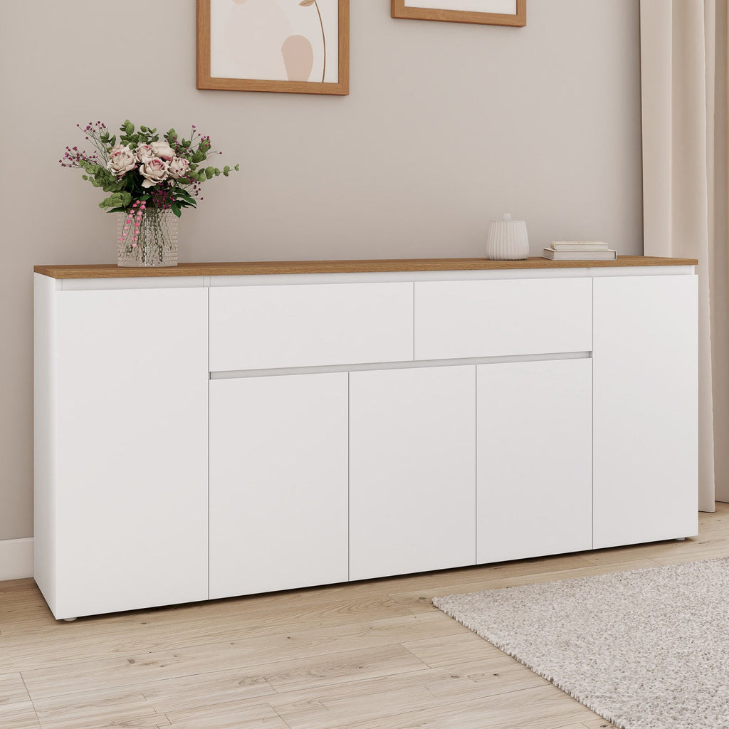 Buffet TOBY 180 cm, 5 portes et 2 tiroirs, blanc et plateau bois