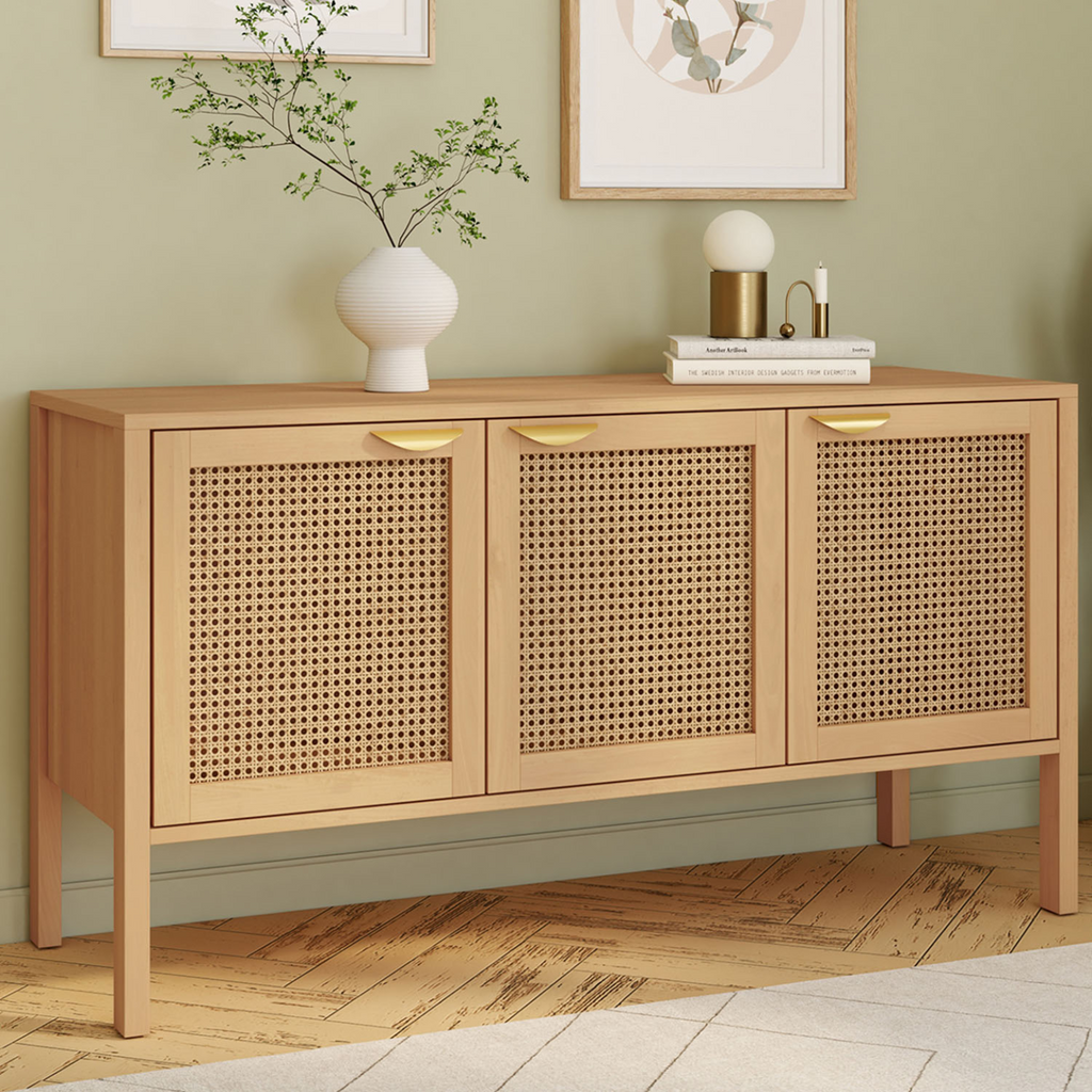 Buffet bas 110 cm EDHEN 3 portes bois et cannage