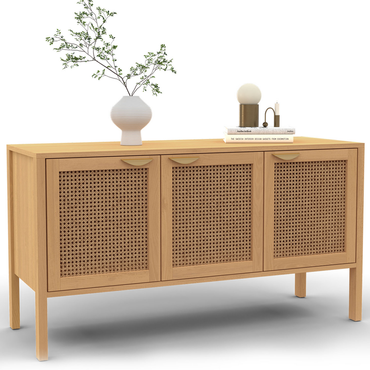 Buffet bas 110 cm EDHEN 3 portes bois et cannage
