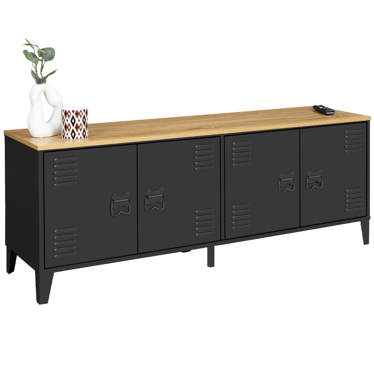 Buffet bas 140 cm ESTER, 4 portes, métal noir et plateau bois, design industriel