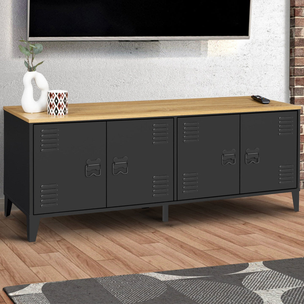 Buffet bas 140 cm ESTER, 4 portes, métal noir et plateau bois, design industriel