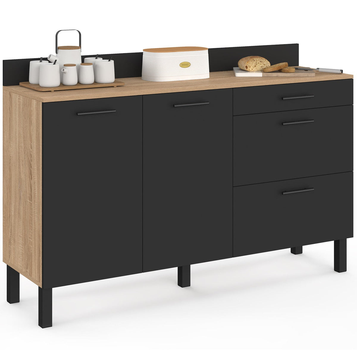 Buffet bas de cuisine 140 cm CINA avec casserolier, plan de travail H. 83 cm, 2 portes + 3 tiroirs, hêtre et noir