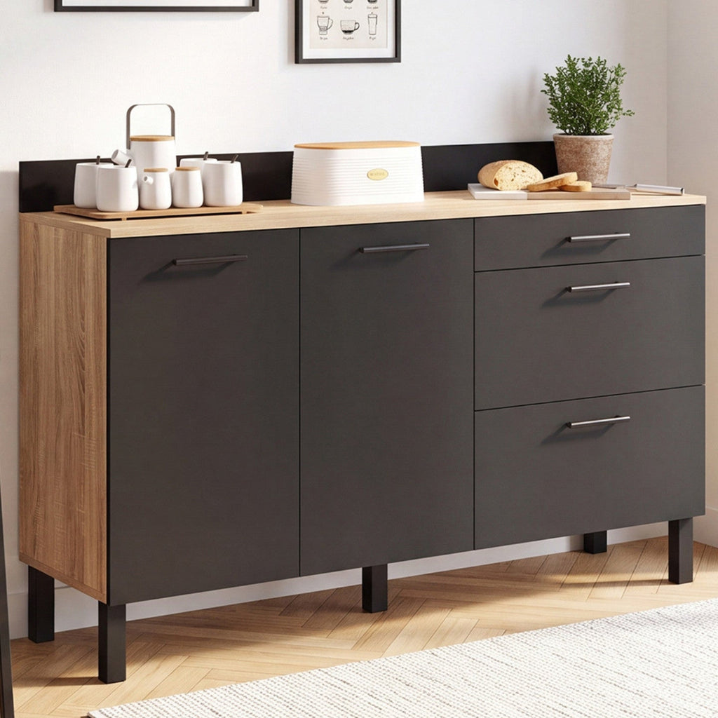 Buffet bas de cuisine 140 cm CINA avec casserolier, plan de travail H. 83 cm, 2 portes + 3 tiroirs, hêtre et noir